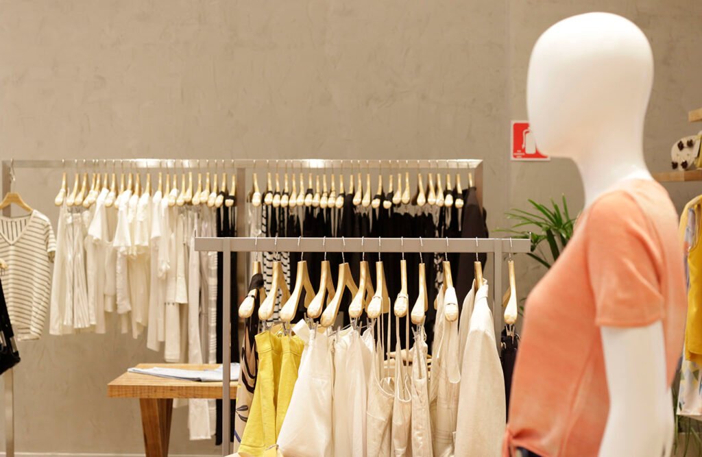 Foto de uma loja de roupas com um manequim