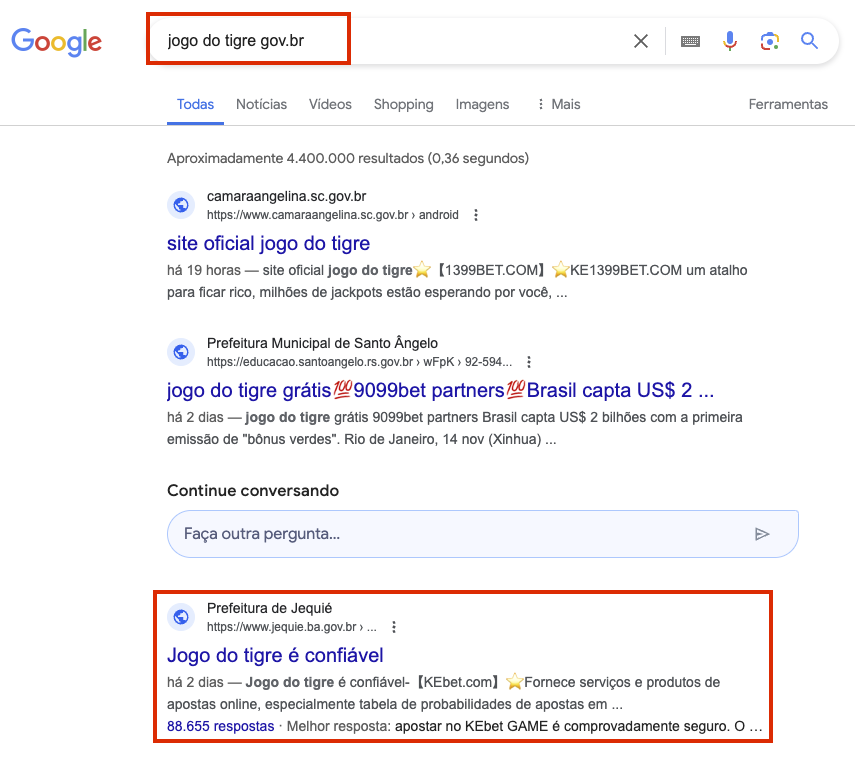 Print da busca feita no Google para localizar os sites gov.br sequestrados pelo jogo do tigre