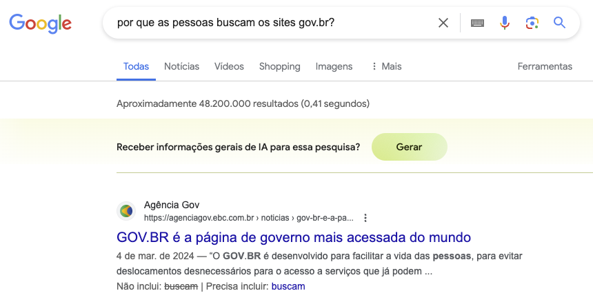 Print da busca feita no Google por sites gov.br