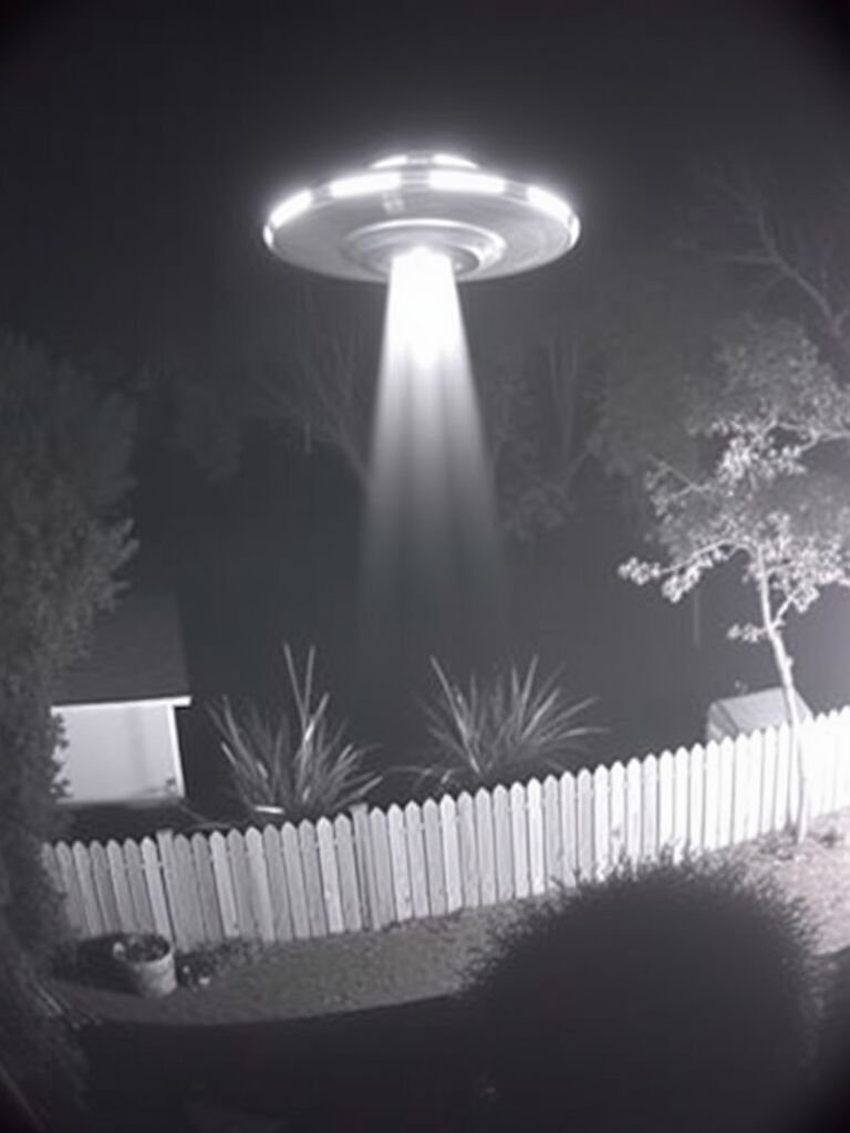 Imagem de um disco voador pousando em um quintal criada com inteligência artificial