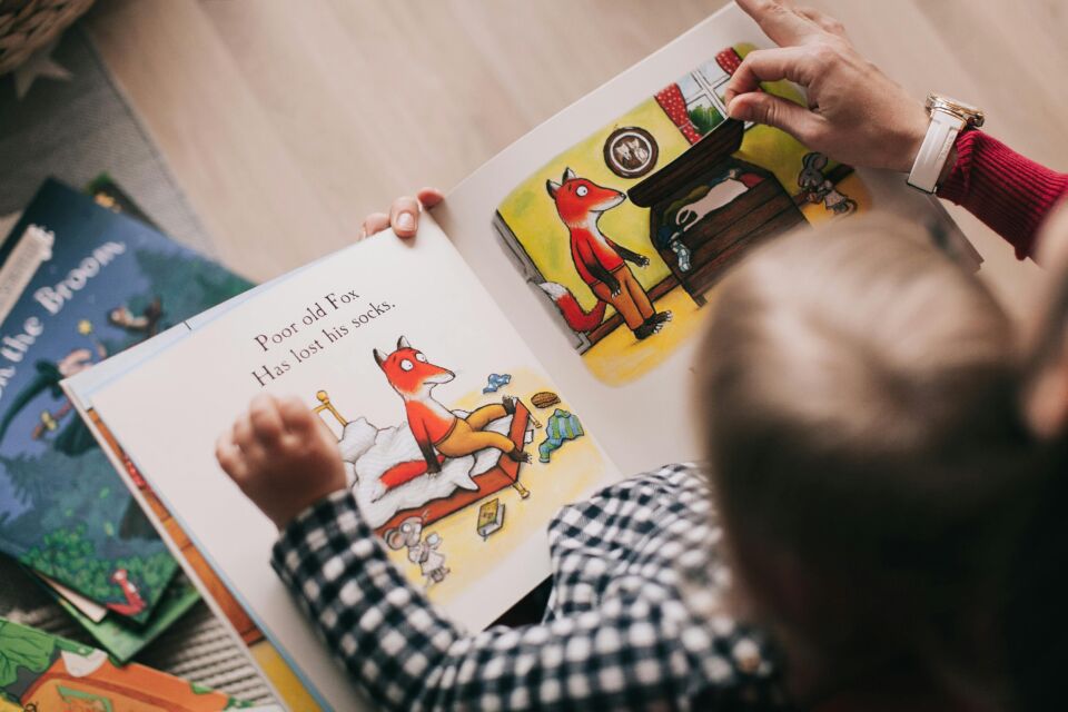 Foto de uma criança com um livro infantil nas mãos