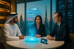 editorial retrata uma reunião de alto nível em um centro governamental nos Emirados Árabes, onde representantes discutem políticas públicas com o apoio da inteligência artificial. Em uma sala um homem em trajes tradicionais, uma executiva moderna e um profissional ocidental analisam um holograma tridimensional com textos legais em árabe e inglês. A imagem simboliza como o governo dos Emirados está integrando tecnologia de ponta e tradição para acelerar processos legislativos com eficiência e inovação