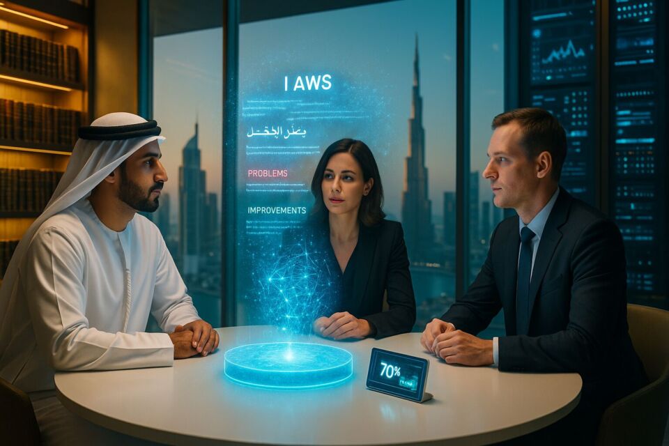 editorial retrata uma reunião de alto nível em um centro governamental nos Emirados Árabes, onde representantes discutem políticas públicas com o apoio da inteligência artificial. Em uma sala um homem em trajes tradicionais, uma executiva moderna e um profissional ocidental analisam um holograma tridimensional com textos legais em árabe e inglês. A imagem simboliza como o governo dos Emirados está integrando tecnologia de ponta e tradição para acelerar processos legislativos com eficiência e inovação